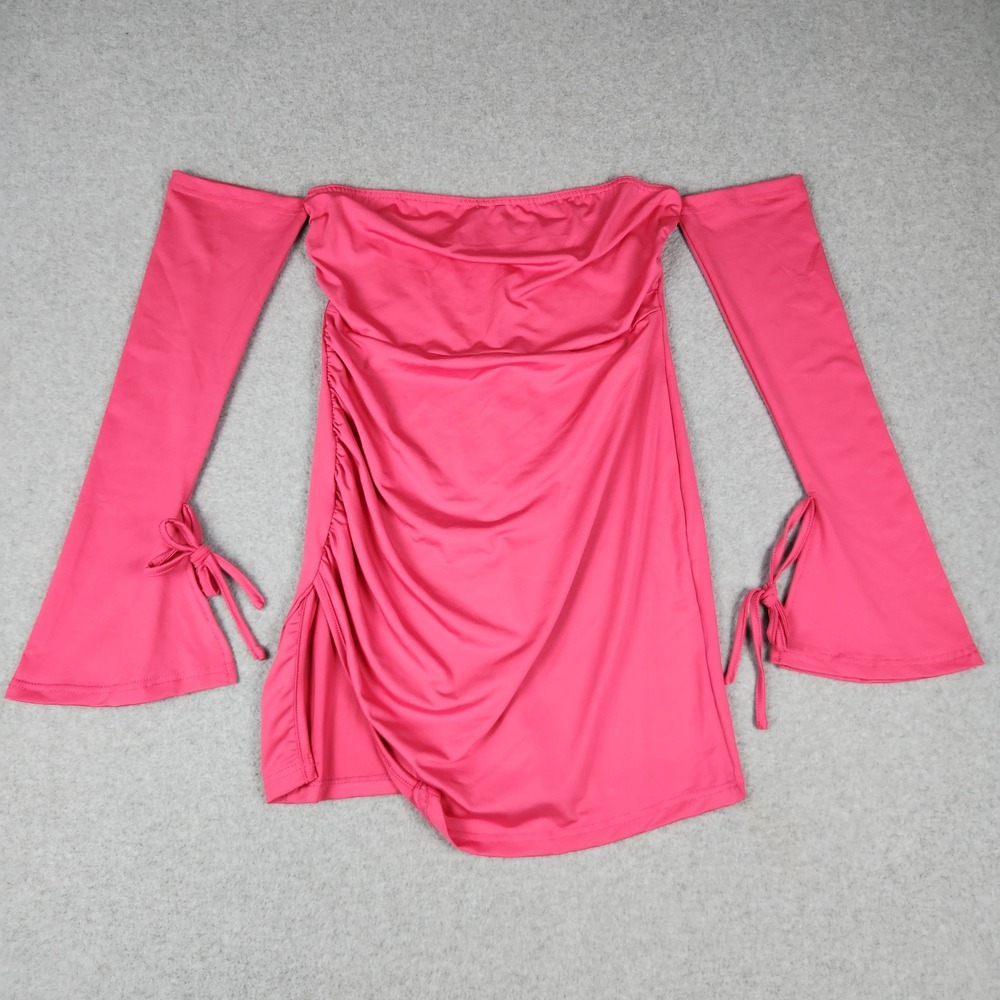Women Mini Dress Large Pink Side Ruched Stretch Party Off Shoulder Bell Sleeve